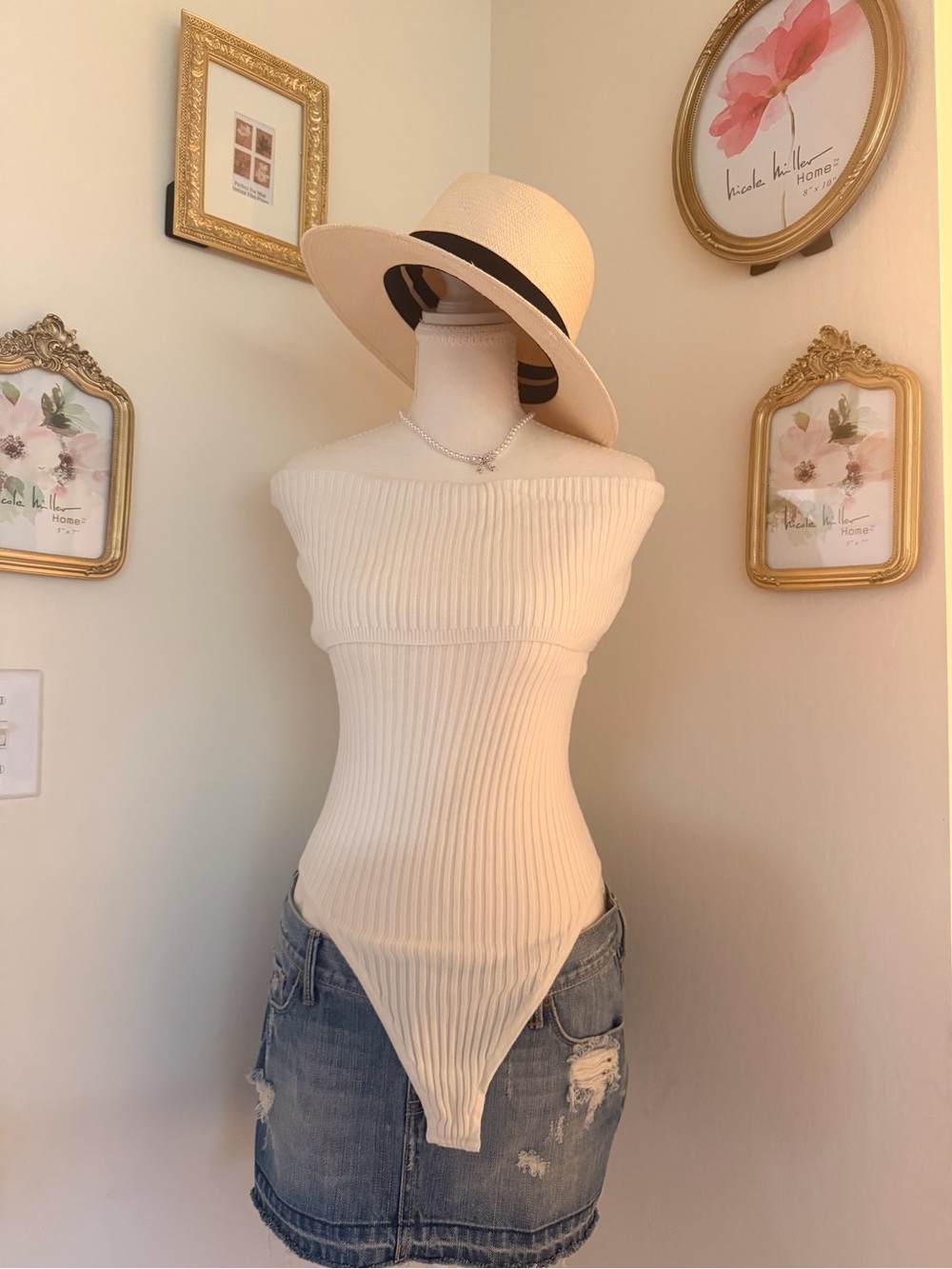 Free People Ribbed Off-Shoulder Bodysuit in Cream